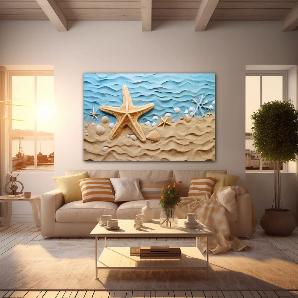 Cuadro amanecer en la costa en formato horizontal con colores celeste, beige; decorando pared de apartamento en la playa