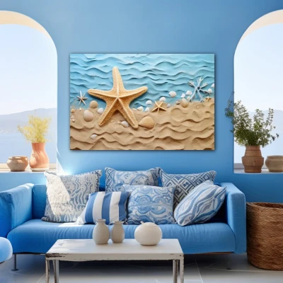 Cuadro Amanecer en la Costa en formato horizontal con colores Celeste, Beige; Decorando Pared azul
