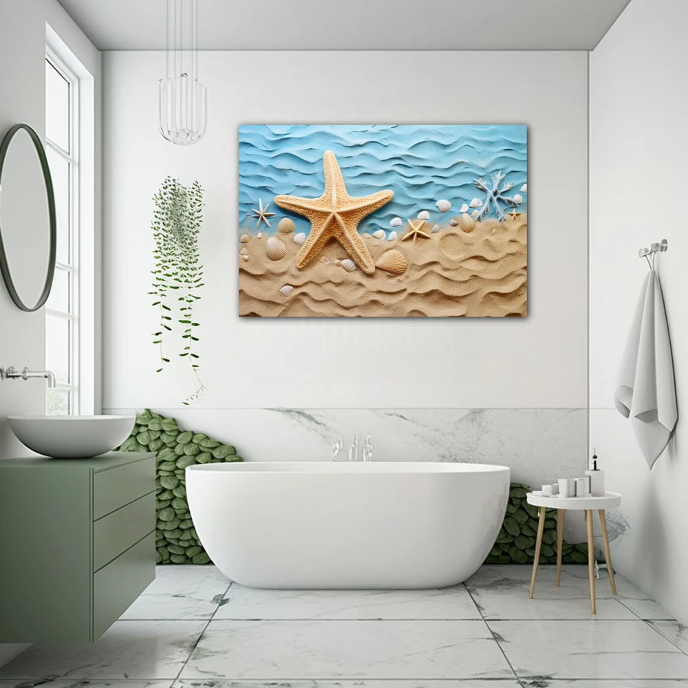 Cuadro amanecer en la costa en formato horizontal con colores celeste, beige; decorando pared de baño