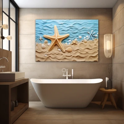 Wall Art titled: Sunrise on the Coast in a  format with: Sky blue, and Beige Colors; Decoration the Bathroom wall