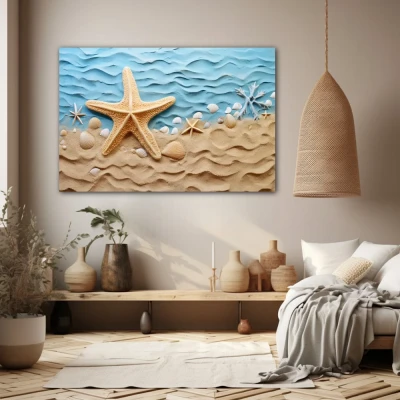 Wall Art titled: Sunrise on the Coast in a  format with: Sky blue, and Beige Colors; Decoration the Beige Wall wall