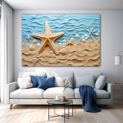 Wall Art titled: Sunrise on the Coast in a  format with: Sky blue, and Beige Colors; Decoration the White Wall wall