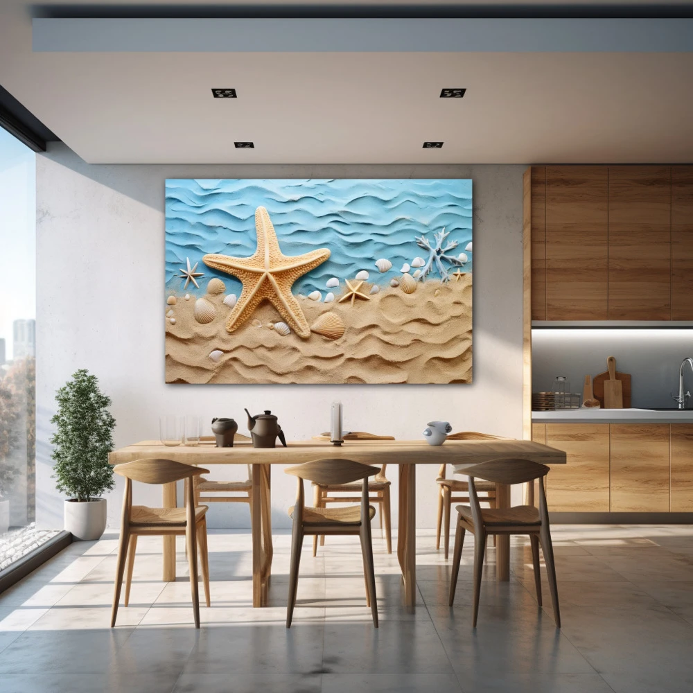 Wall Art titled: Sunrise on the Coast in a Horizontal format with: Sky blue, and Beige Colors; Decoration the Kitchen wall