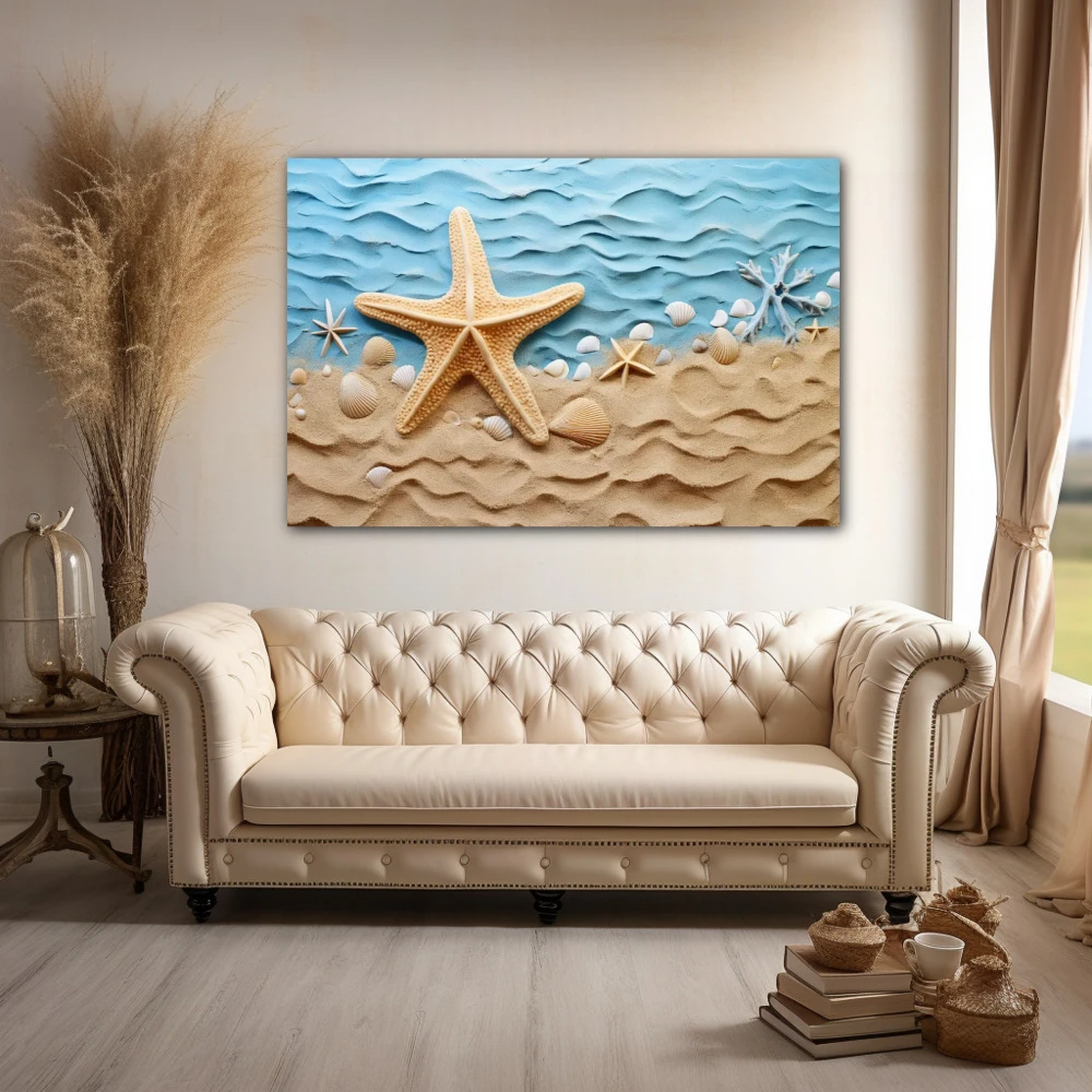 Cuadro amanecer en la costa en formato horizontal con colores celeste, beige; decorando pared de encima del sofá