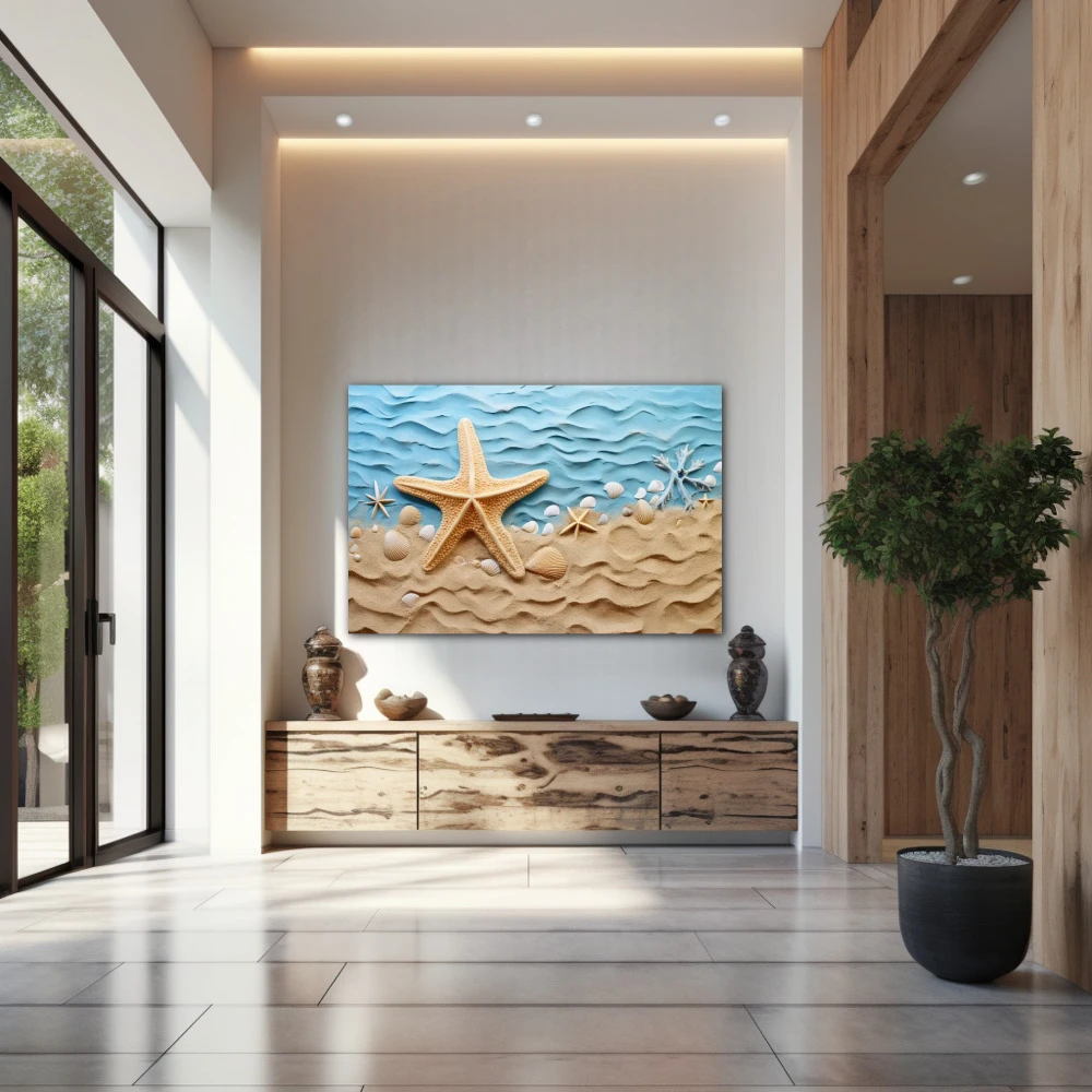 Cuadro amanecer en la costa en formato horizontal con colores celeste, beige; decorando pared de entrada y recibidor