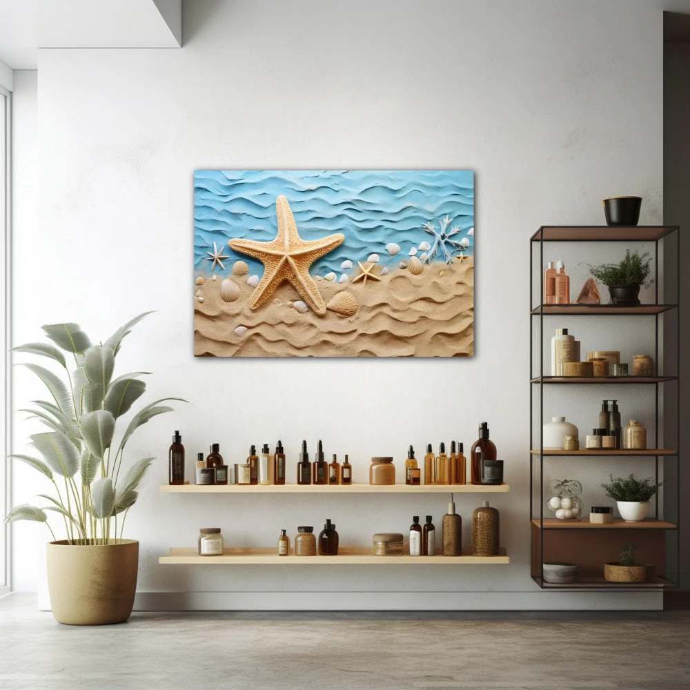 Wall Art titled: Sunrise on the Coast in a Horizontal format with: Sky blue, and Beige Colors; Decoration the Pharmacy wall