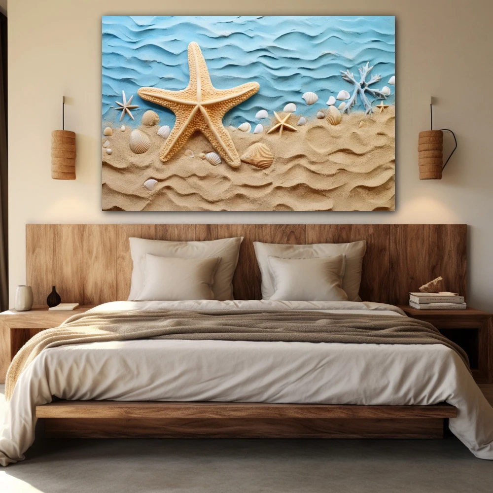 Cuadro amanecer en la costa en formato horizontal con colores celeste, beige; decorando pared de habitación dormitorio