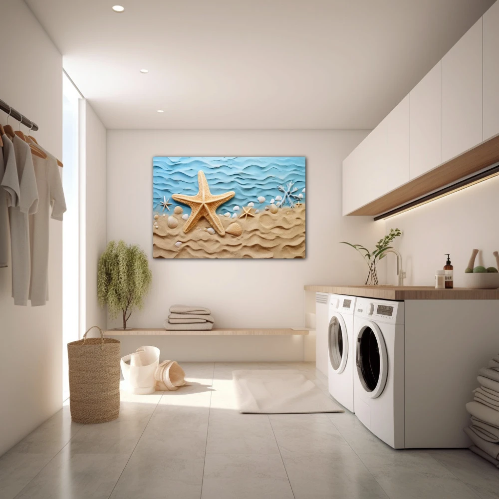 Cuadro amanecer en la costa en formato horizontal con colores celeste, beige; decorando pared de lavanderia