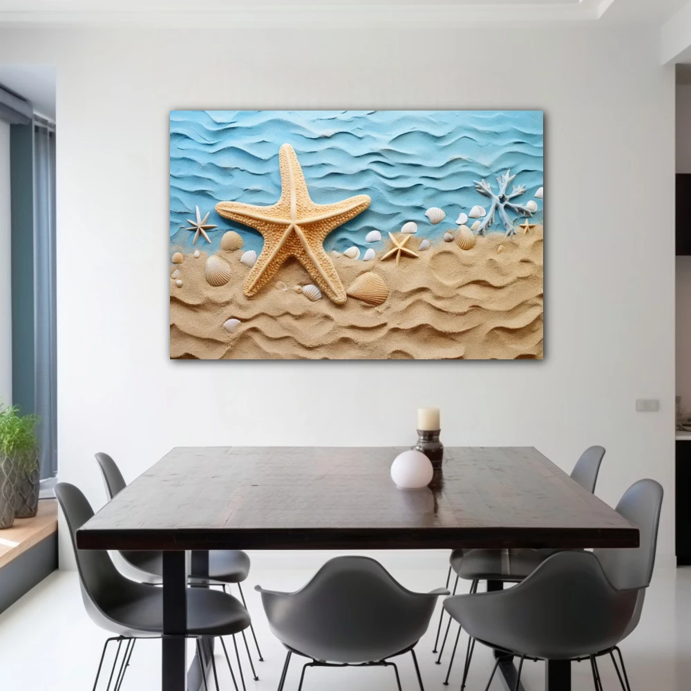 Wall Art titled: Sunrise on the Coast in a Horizontal format with: Sky blue, and Beige Colors; Decoration the Living Room wall