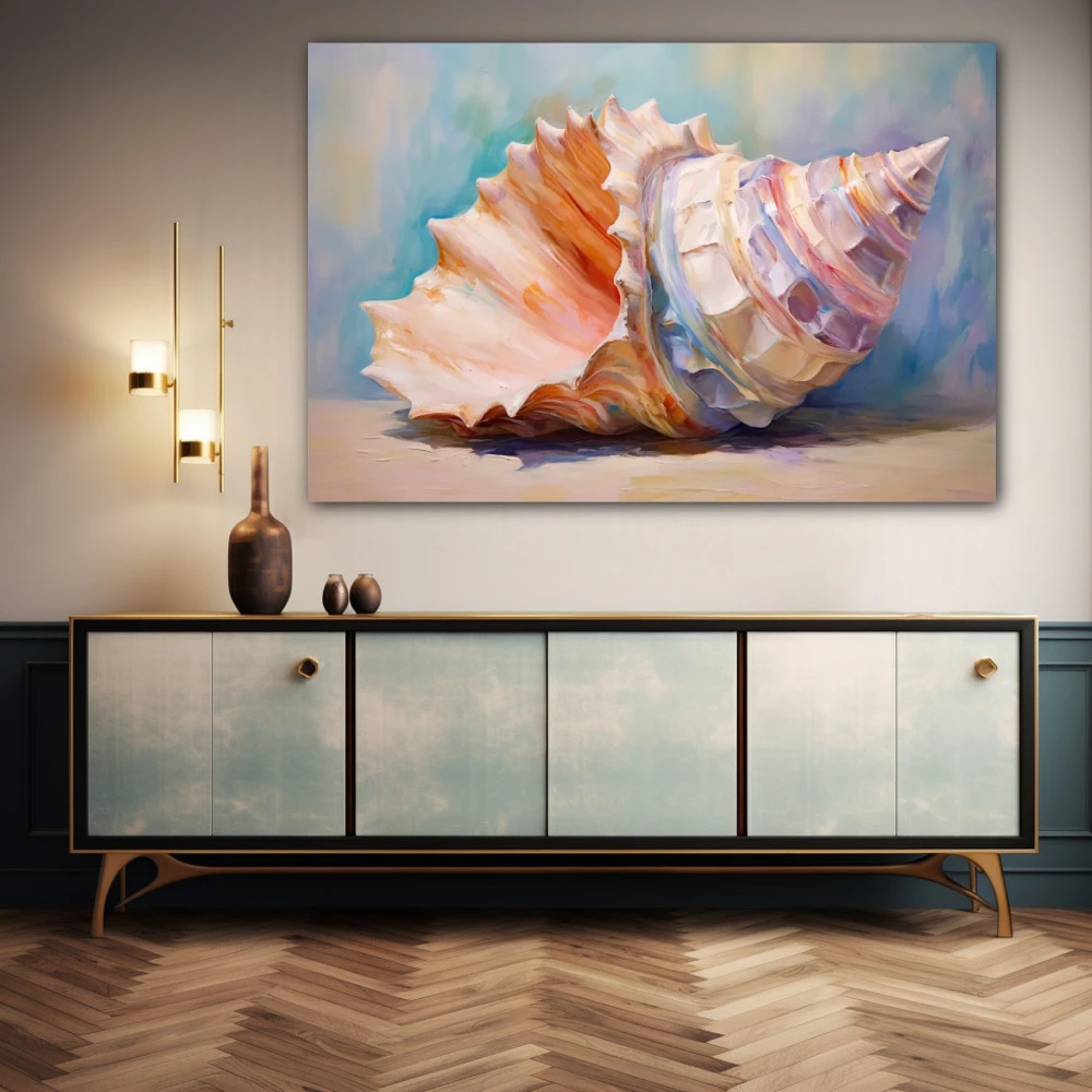 Wall Art titled: Marine Echoes in a Horizontal format with: and Pastel Colors; Decoration the Sideboard wall