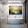 Wall Art titled: A Lot of Wind, Little Sail in a Horizontal format with: Yellow, Blue, Brown, and Navy Blue Colors; Decoration the Bathroom wall