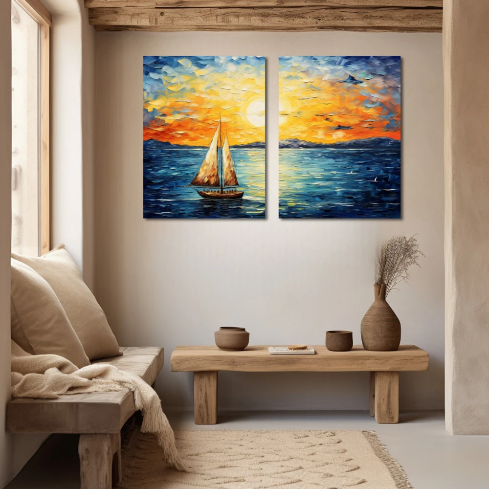 Wall Art titled: A Lot of Wind, Little Sail in a Horizontal format with: Yellow, Blue, Brown, and Navy Blue Colors; Decoration the Beige Wall wall