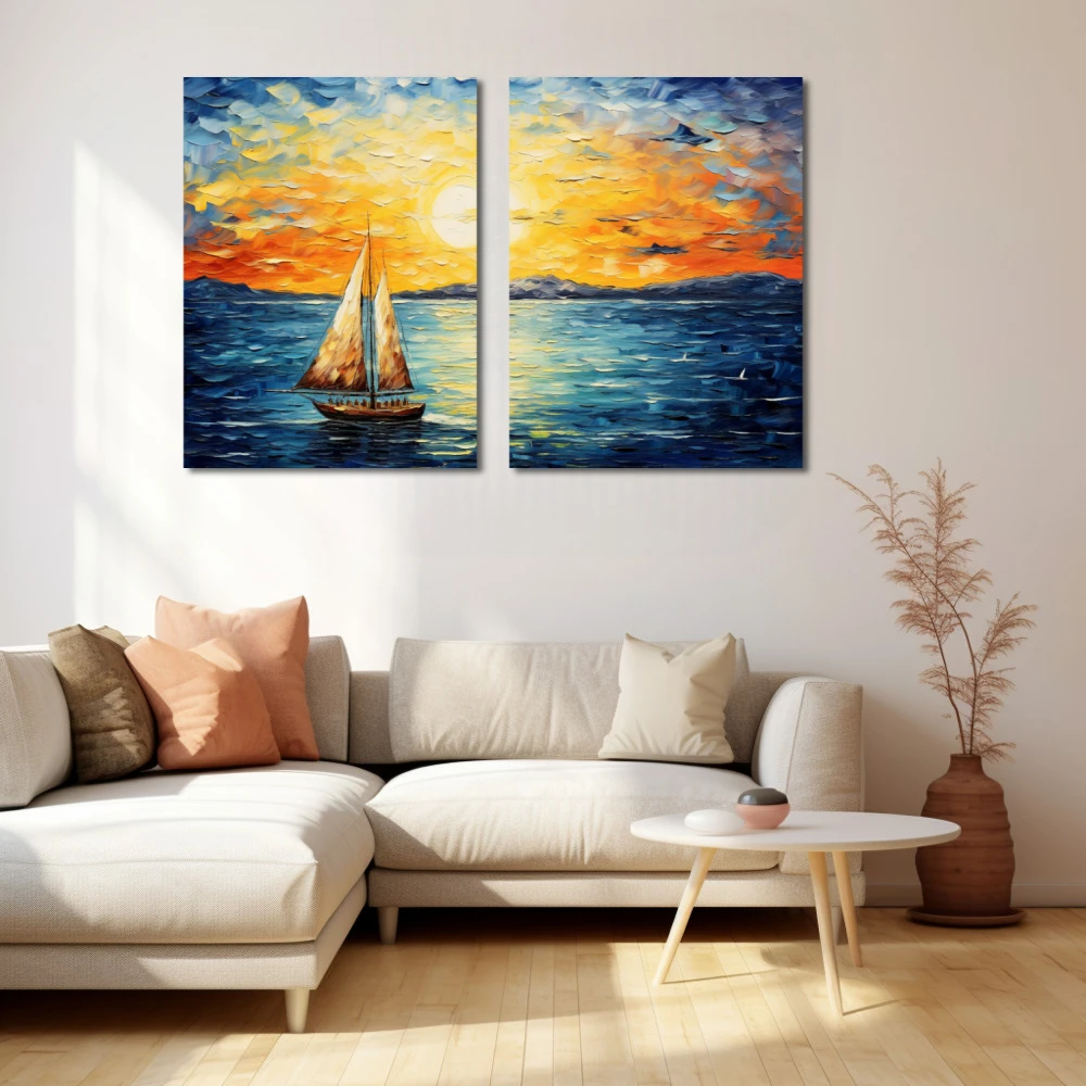 Wall Art titled: A Lot of Wind, Little Sail in a Horizontal format with: Yellow, Blue, Brown, and Navy Blue Colors; Decoration the Beige Wall wall