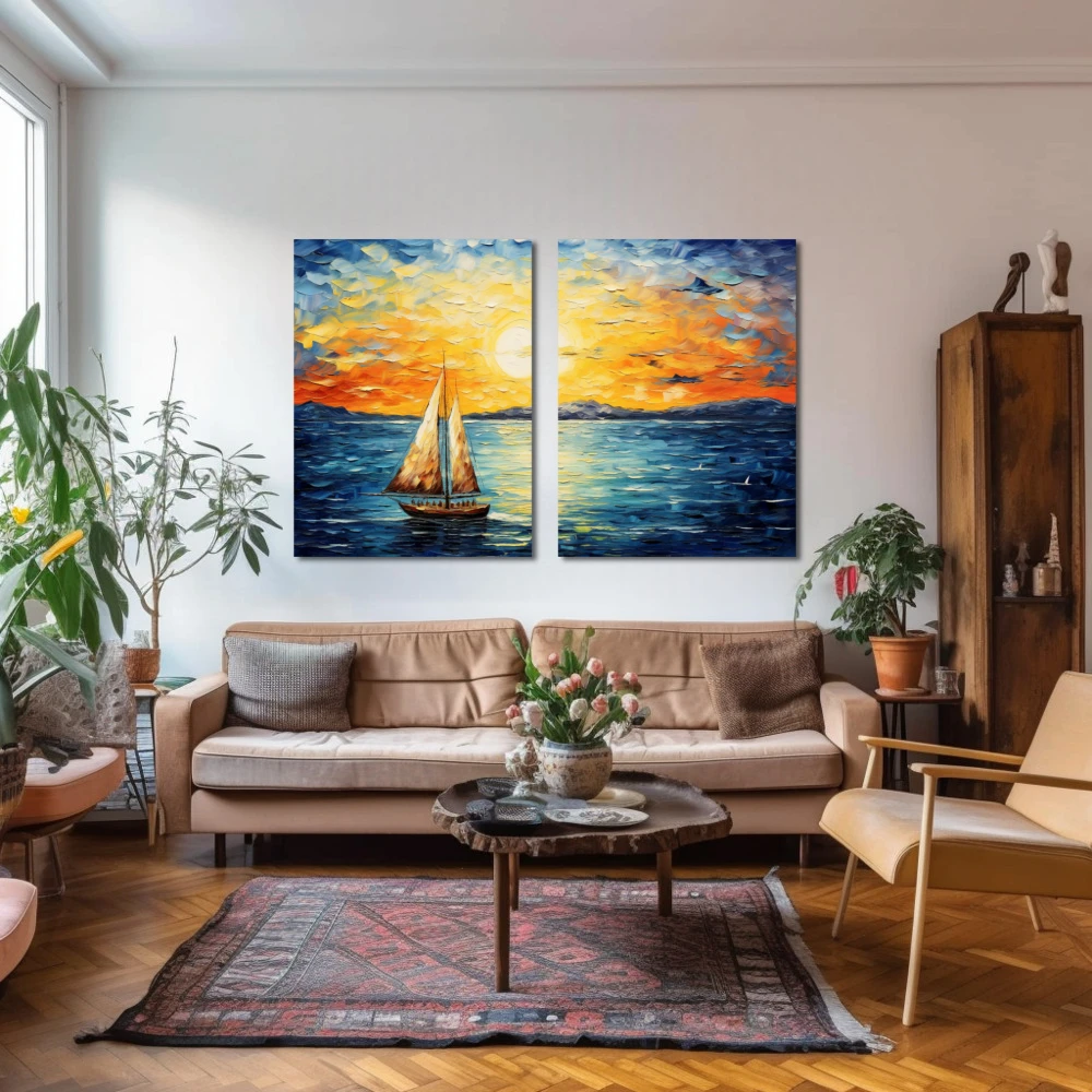 Wall Art titled: A Lot of Wind, Little Sail in a Horizontal format with: Yellow, Blue, Brown, and Navy Blue Colors; Decoration the Above Couch wall