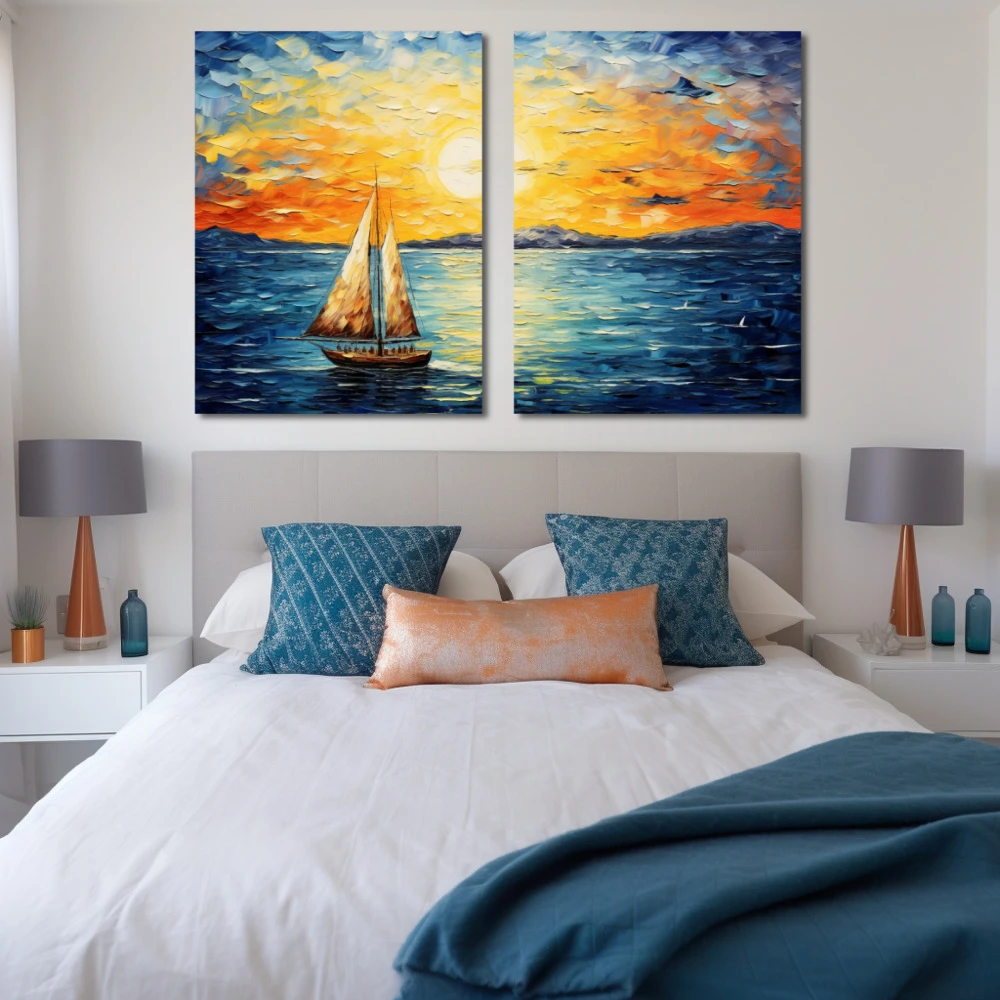 Wall Art titled: A Lot of Wind, Little Sail in a Horizontal format with: Yellow, Blue, Brown, and Navy Blue Colors; Decoration the Bedroom wall