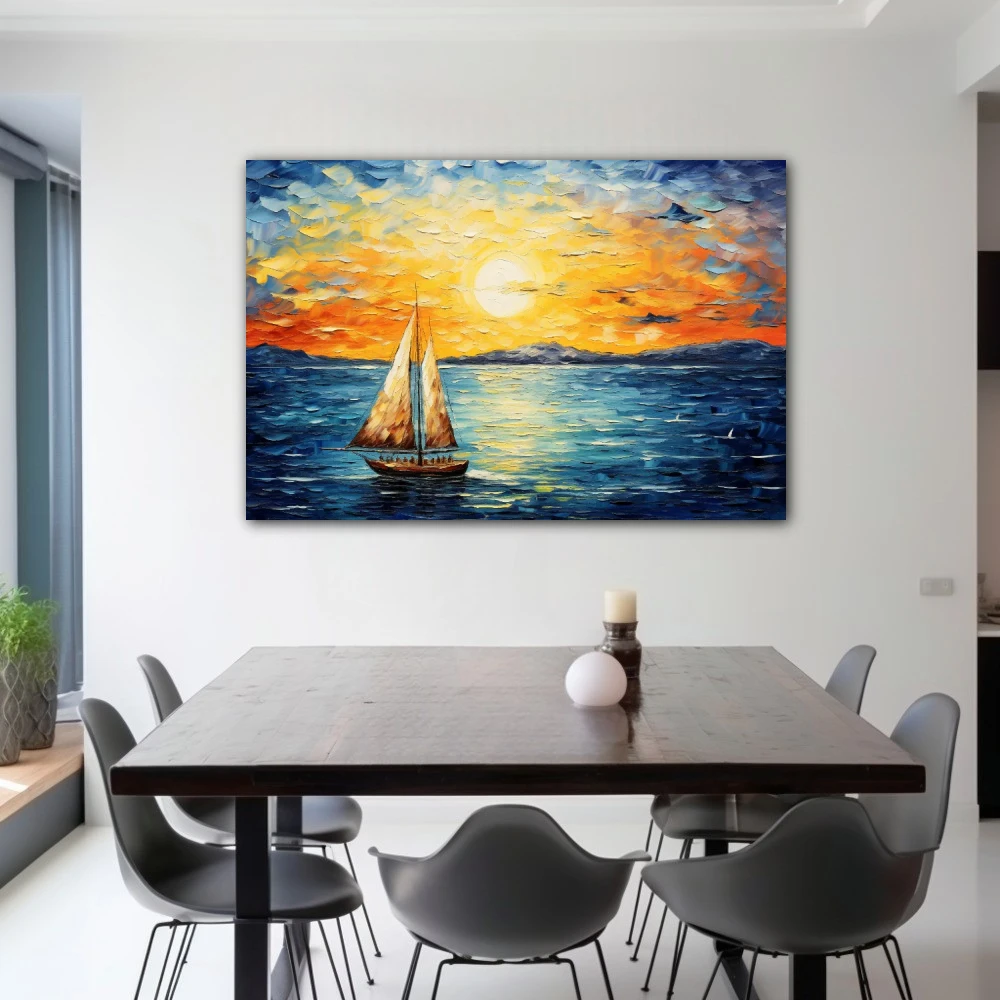 Wall Art titled: A Lot of Wind, Little Sail in a Horizontal format with: Yellow, Blue, Brown, and Navy Blue Colors; Decoration the Living Room wall