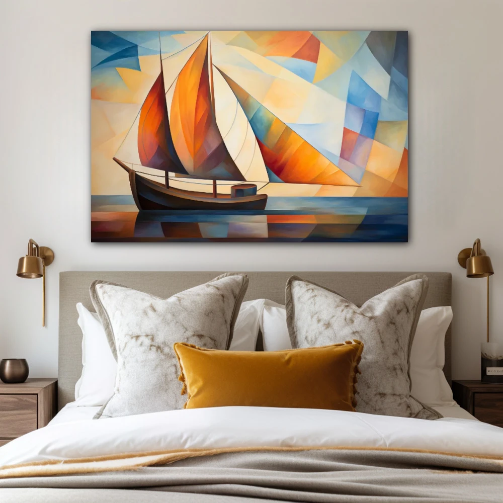 Cuadro capitán de mi destino en formato horizontal con colores marrón, naranja; decorando pared de habitación dormitorio
