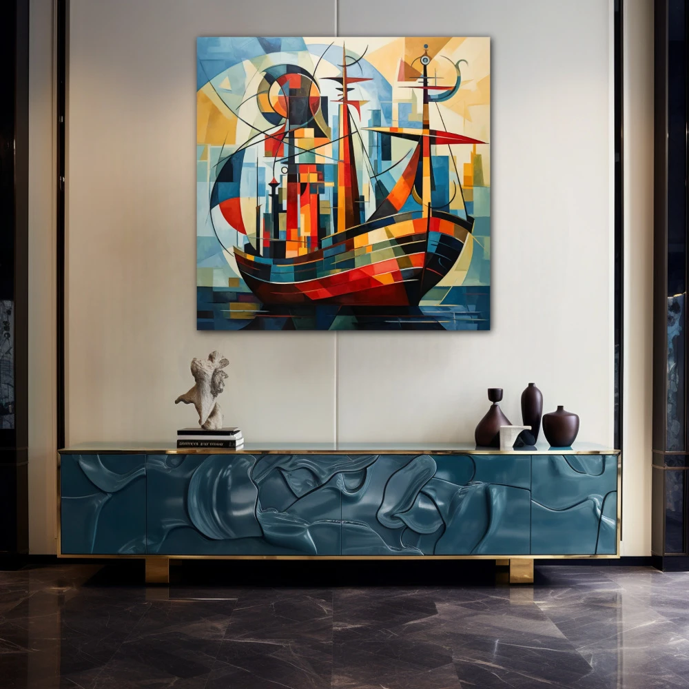 Wall Art titled: By the Strike of the Sea, Calm Chest in a Square format with: Blue, Orange, and Red Colors; Decoration the Sideboard wall