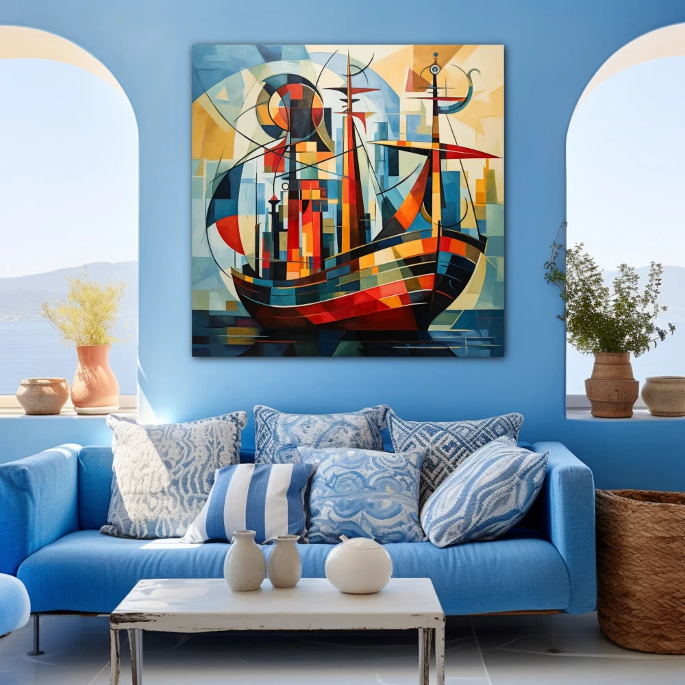 Wall Art titled: By the Strike of the Sea, Calm Chest in a Square format with: Blue, Orange, and Red Colors; Decoration the Blue Wall wall