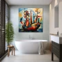 Wall Art titled: By the Strike of the Sea, Calm Chest in a Square format with: Blue, Orange, and Red Colors; Decoration the Bathroom wall
