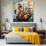 Wall Art titled: By the Strike of the Sea, Calm Chest in a Square format with: Blue, Orange, and Red Colors; Decoration the Bedroom wall
