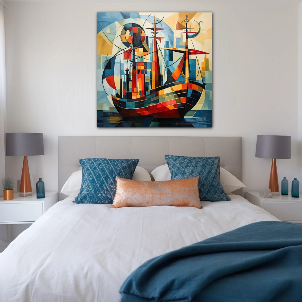 Cuadro a golpe de mar, pecho sereno en formato cuadrado con colores azul, naranja, rojo; decorando pared de habitación dormitorio