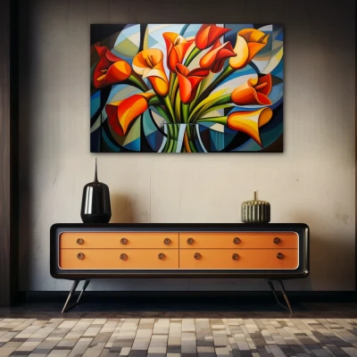Wall Art titled: Spring Geometry in a Horizontal format with: Yellow, Orange, and Green Colors; Decoration the Sideboard wall