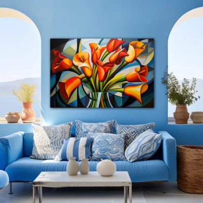 Wall Art titled: Spring Geometry in a Horizontal format with: Yellow, Orange, and Green Colors; Decoration the Blue Wall wall