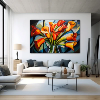 Wall Art titled: Spring Geometry in a Horizontal format with: Yellow, Orange, and Green Colors; Decoration the White Wall wall