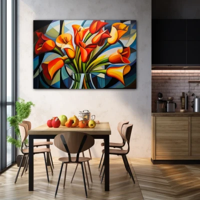 Wall Art titled: Spring Geometry in a  format with: Yellow, Orange, and Green Colors; Decoration the Kitchen wall