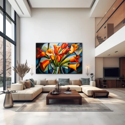 Wall Art titled: Spring Geometry in a  format with: Yellow, Orange, and Green Colors; Decoration the Above Couch wall