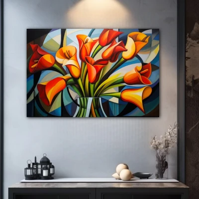 Wall Art titled: Spring Geometry in a Horizontal format with: Yellow, Orange, and Green Colors; Decoration the Grey Walls wall