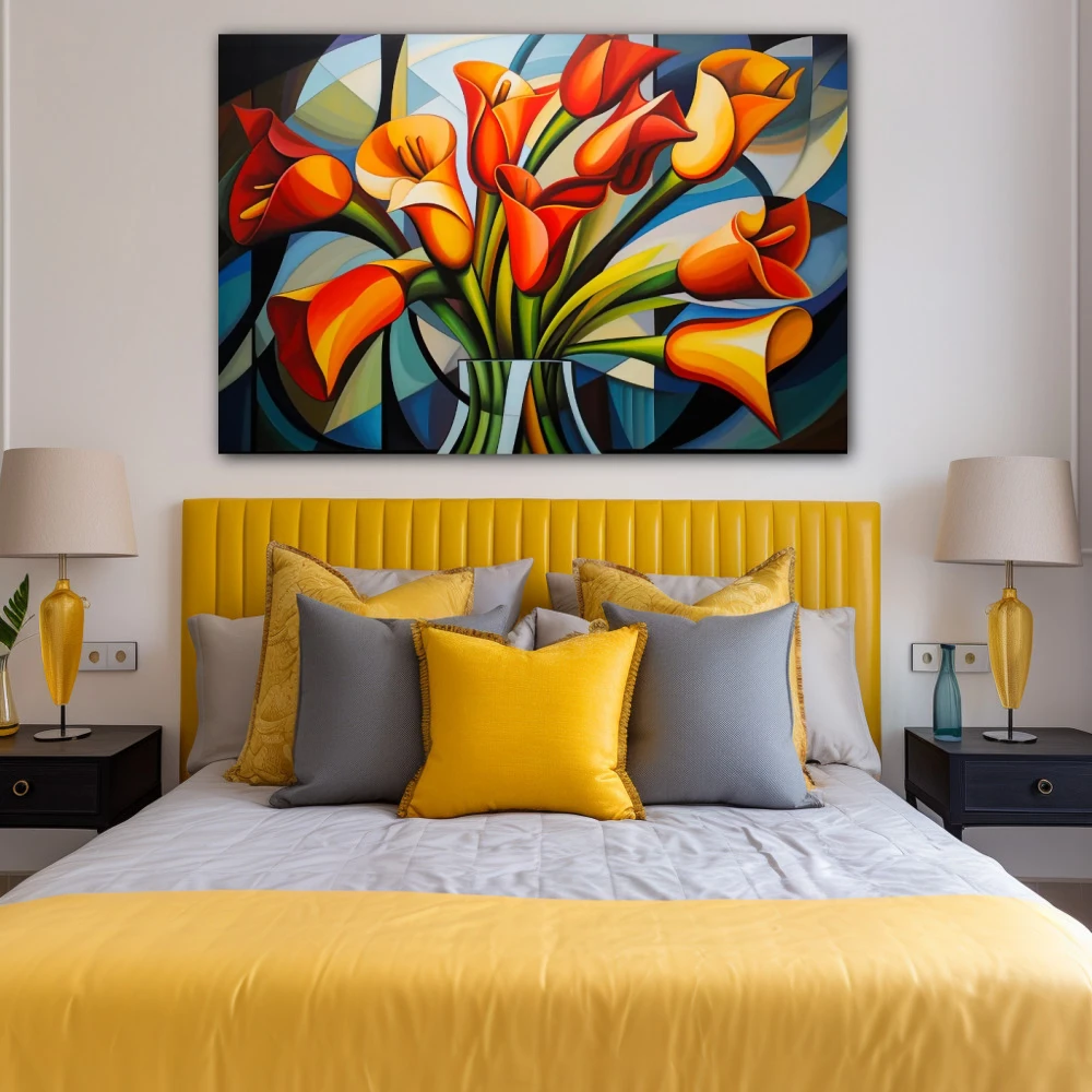 Cuadro geometría primaveral en formato horizontal con colores amarillo, naranja, verde; decorando pared de habitación dormitorio