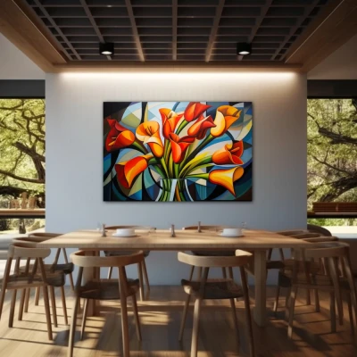 Cuadro Geometría Primaveral en formato horizontal con colores Amarillo, Naranja, Verde; Decorando pared de Restaurante