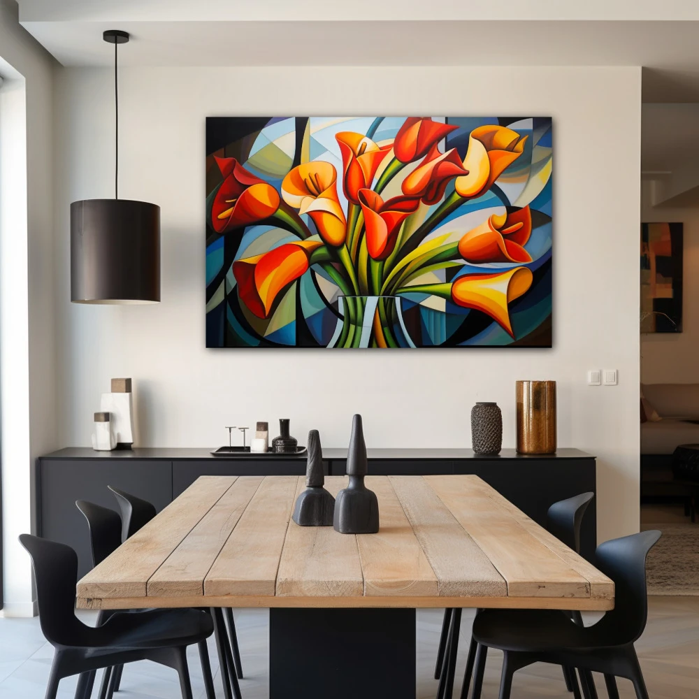 Wall Art titled: Spring Geometry in a Horizontal format with: Yellow, Orange, and Green Colors; Decoration the Living Room wall