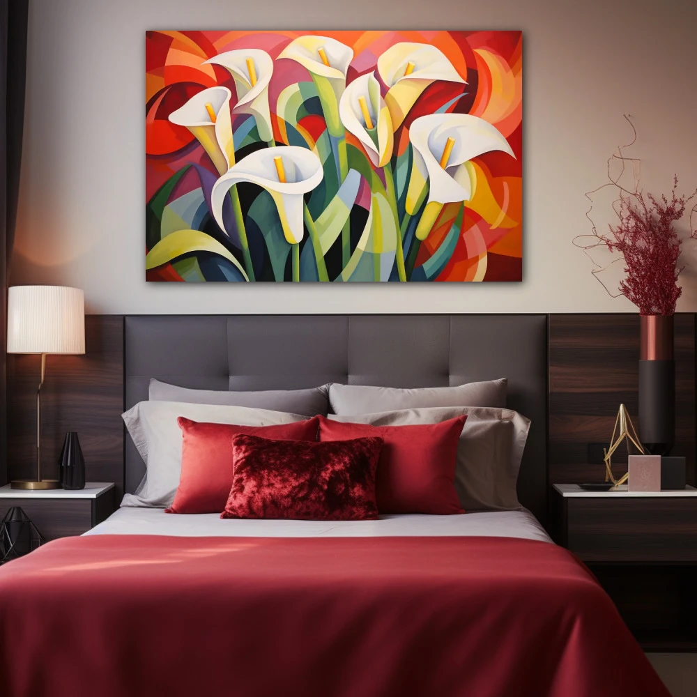 Wall Art titled: Nature Mosaic in a Horizontal format with: white, Red, and Green Colors; Decoration the Bedroom wall