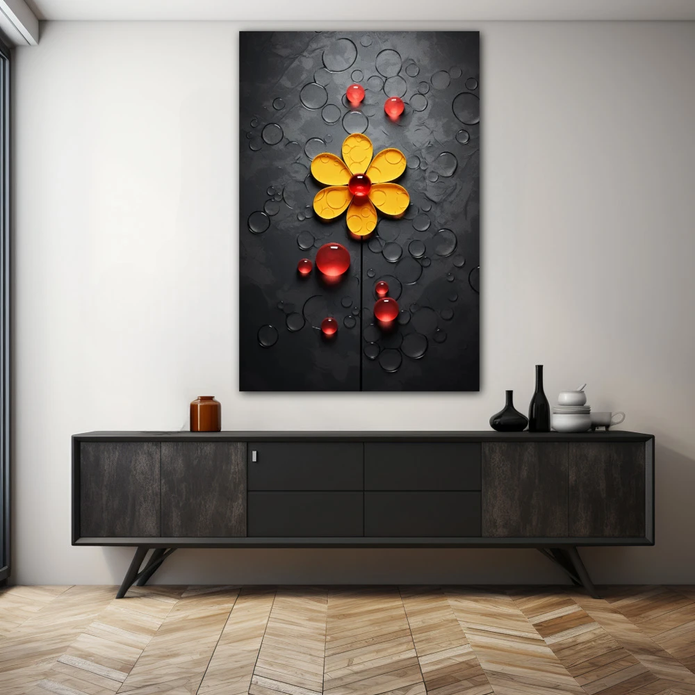 Wall Art titled: Daisy Bubbles in a Vertical format with: Yellow, Black, and Red Colors; Decoration the Sideboard wall
