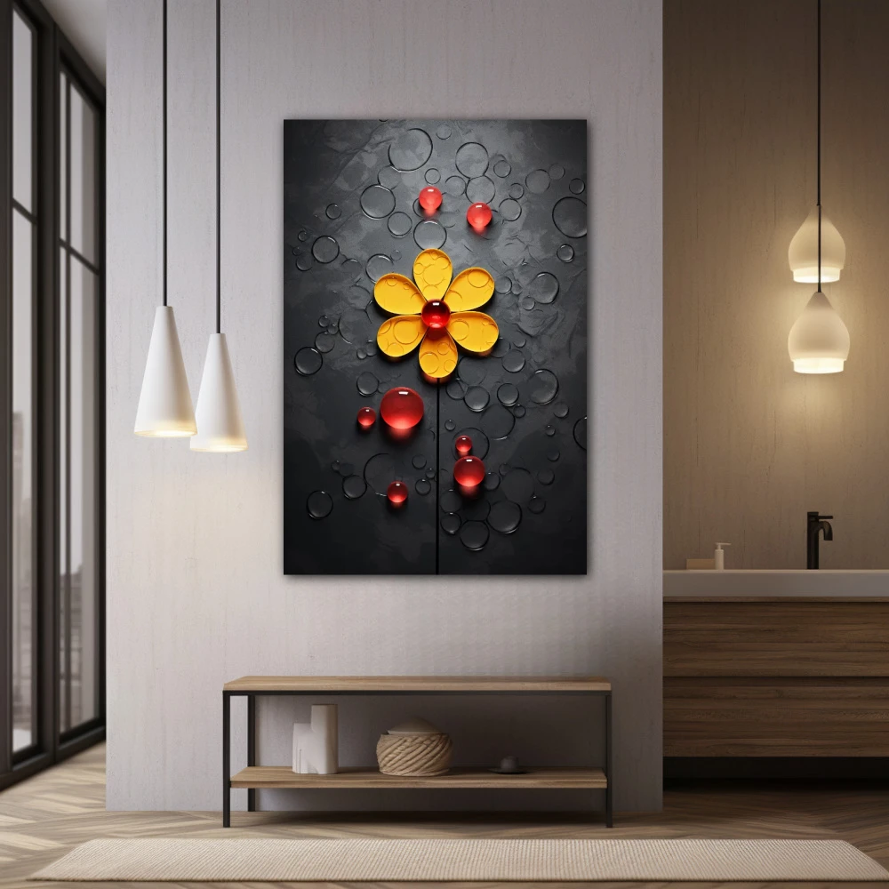 Wall Art titled: Daisy Bubbles in a Vertical format with: Yellow, Black, and Red Colors; Decoration the Bathroom wall