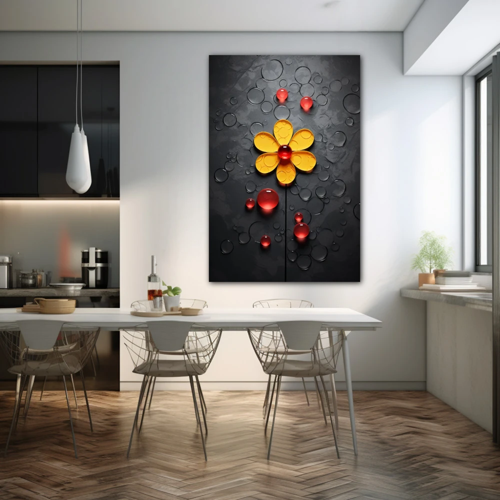 Cuadro burbujas de margarita en formato vertical con colores amarillo, negro, rojo; decorando pared de cocina