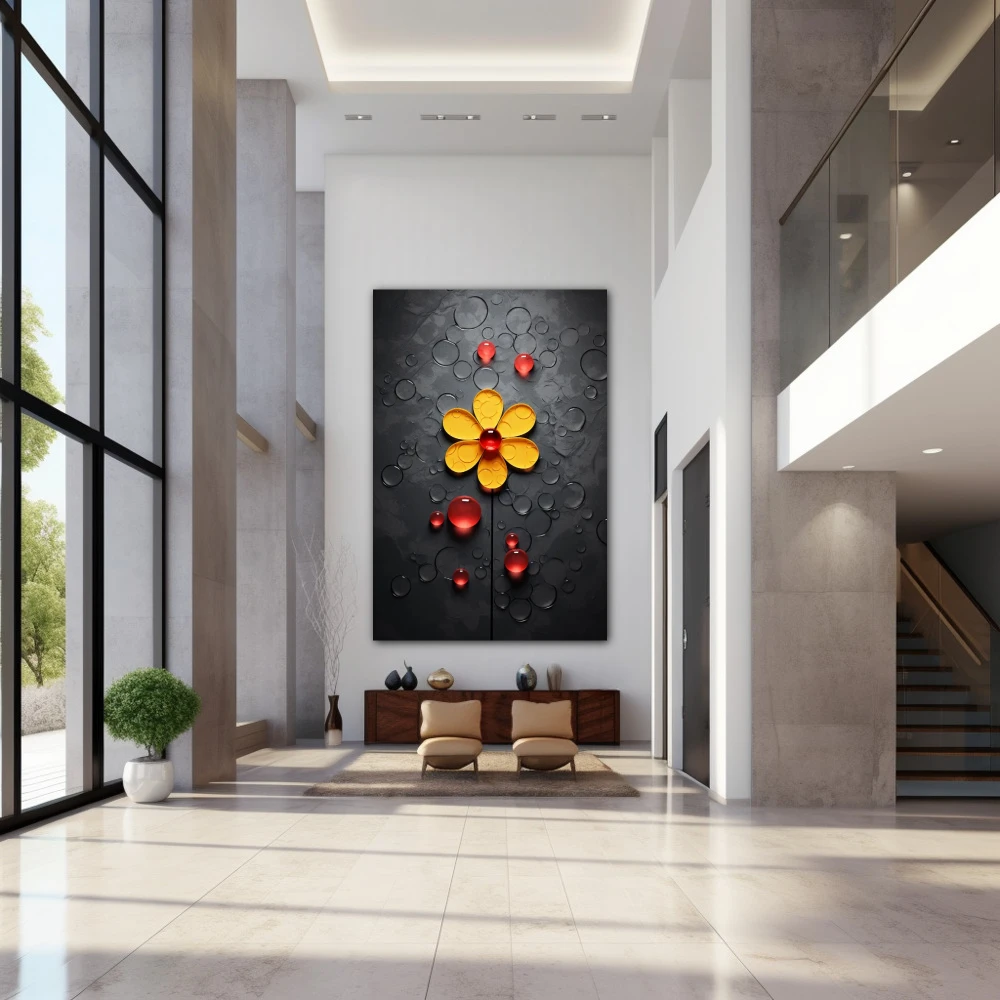 Wall Art titled: Daisy Bubbles in a Vertical format with: Yellow, Black, and Red Colors; Decoration the Entryway wall