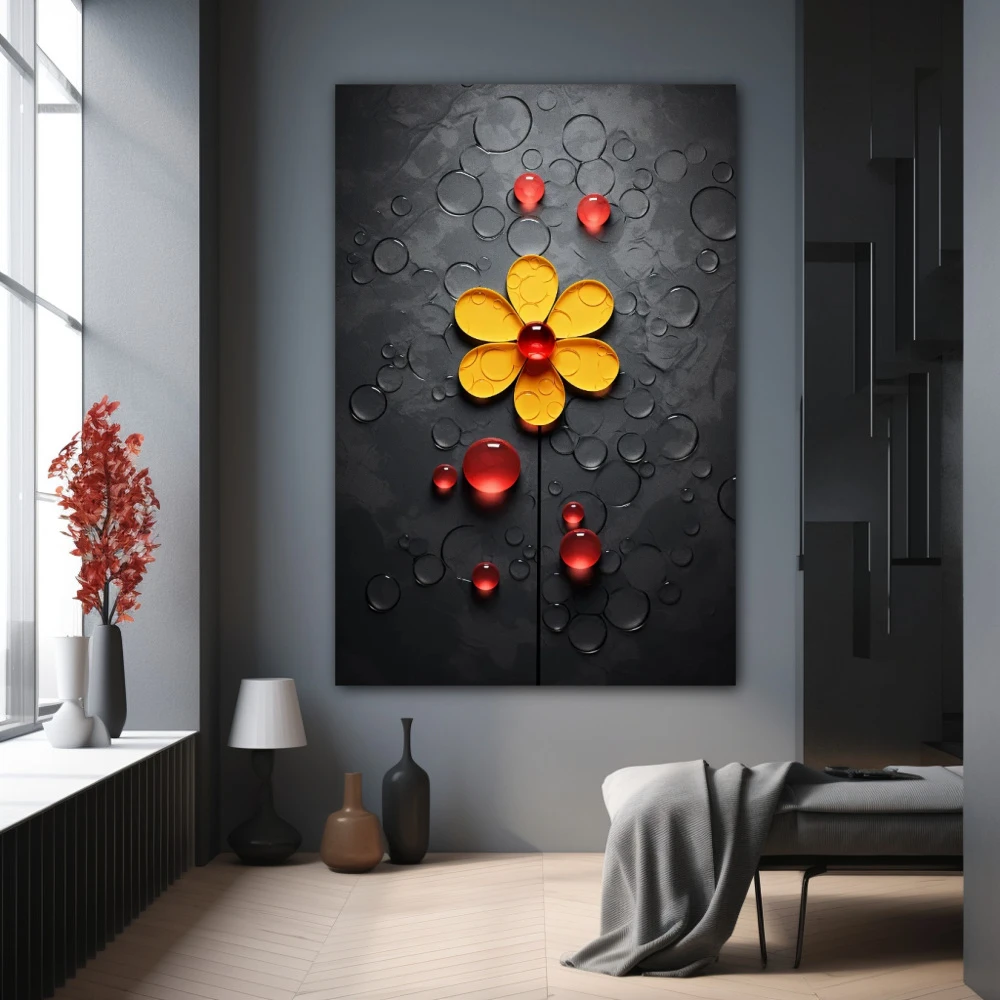 Cuadro burbujas de margarita en formato vertical con colores amarillo, negro, rojo; decorando pared gris