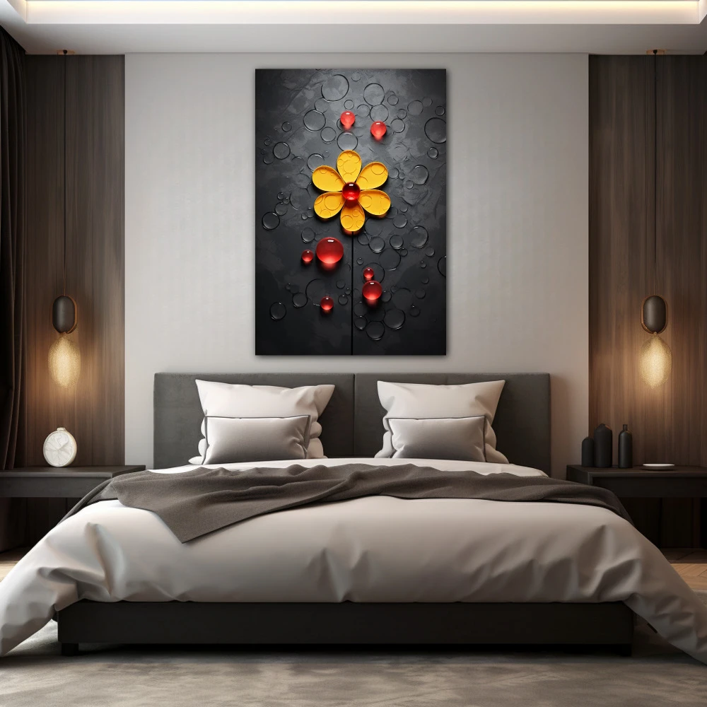 Cuadro burbujas de margarita en formato vertical con colores amarillo, negro, rojo; decorando pared de habitación dormitorio
