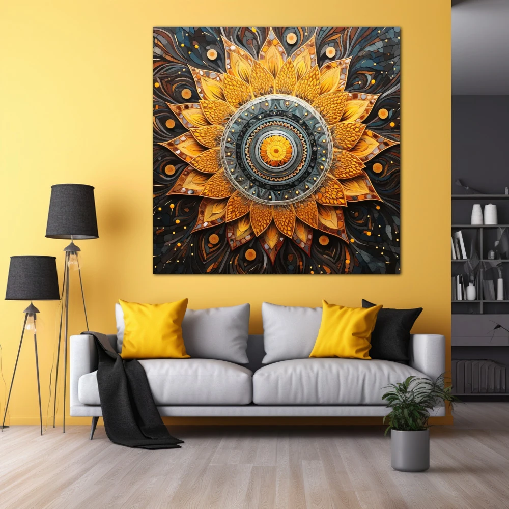 Cuadro espiritualidad en espiral en formato cuadrado con colores amarillo, gris, naranja; decorando pared amarilla
