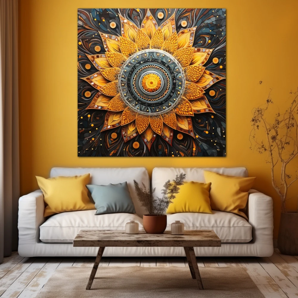 Cuadro espiritualidad en espiral en formato cuadrado con colores amarillo, gris, naranja; decorando pared amarilla