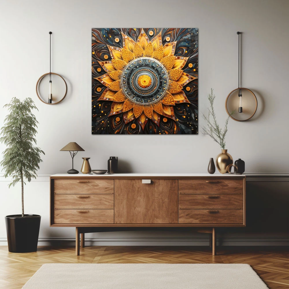 Cuadro espiritualidad en espiral en formato cuadrado con colores amarillo, gris, naranja; decorando pared de aparador