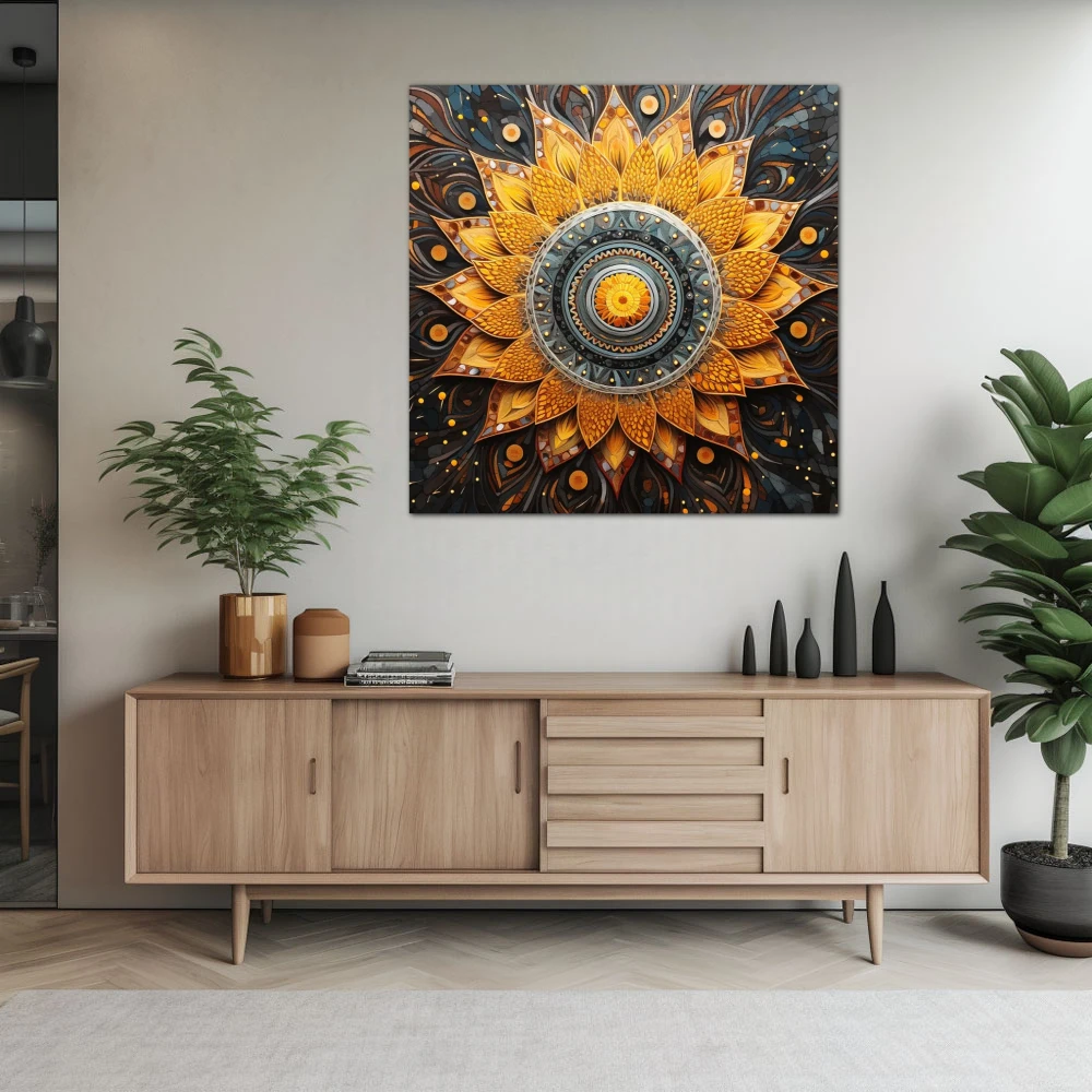 Wall Art titled: Spiraling Spirituality in a Square format with: Yellow, Grey, and Orange Colors; Decoration the Sideboard wall