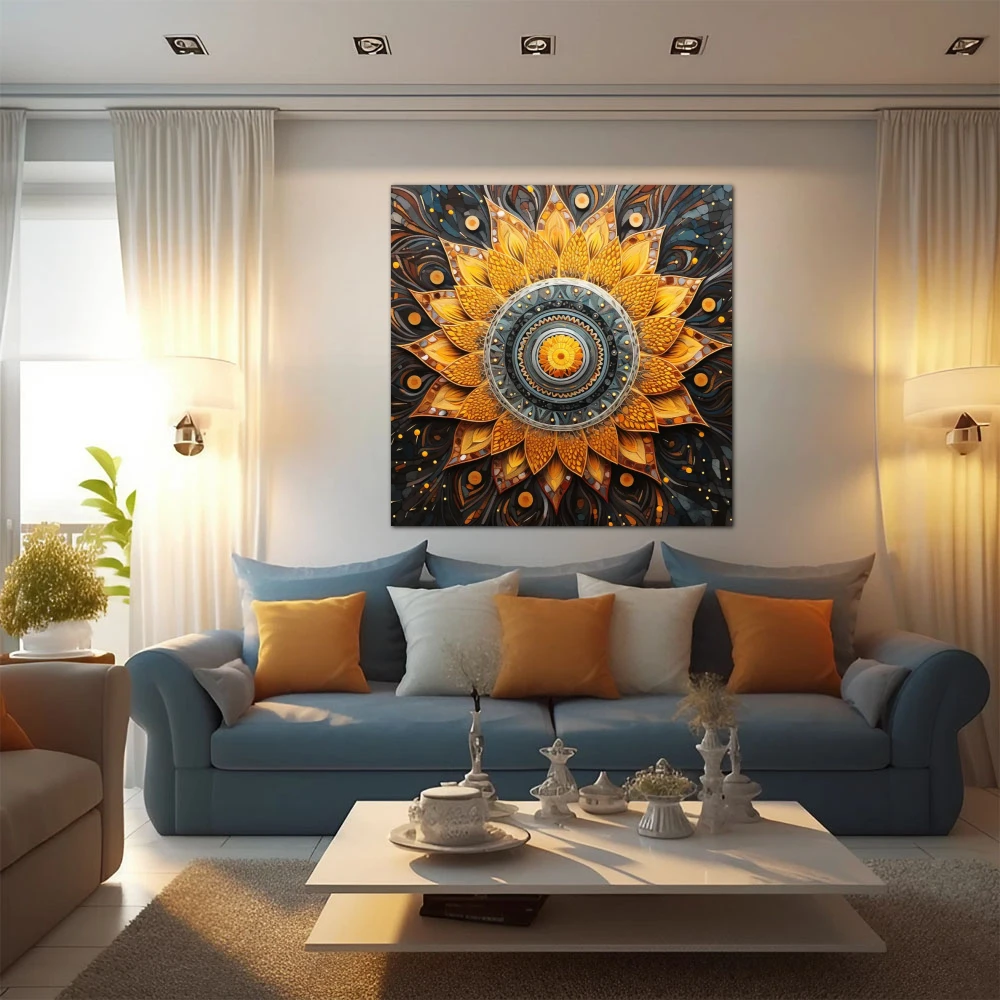 Cuadro espiritualidad en espiral en formato cuadrado con colores amarillo, gris, naranja; decorando pared de apartamento en la playa