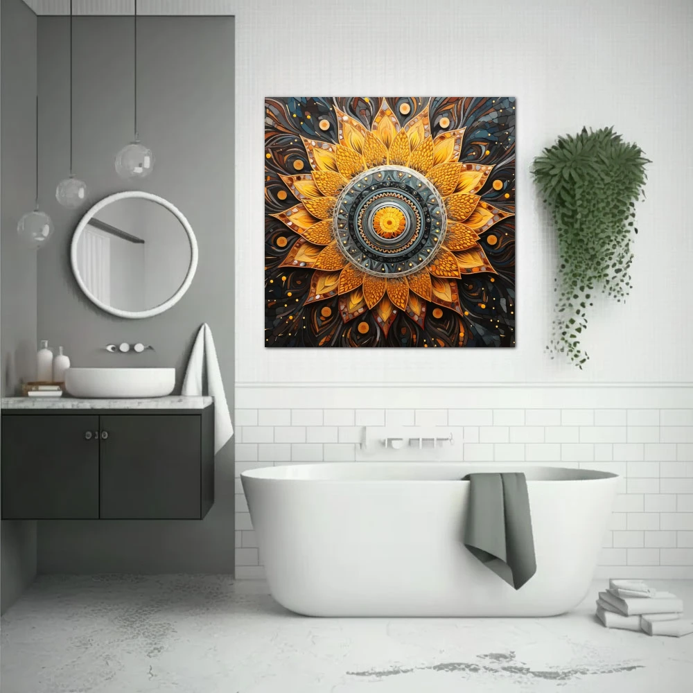 Cuadro espiritualidad en espiral en formato cuadrado con colores amarillo, gris, naranja; decorando pared de baño