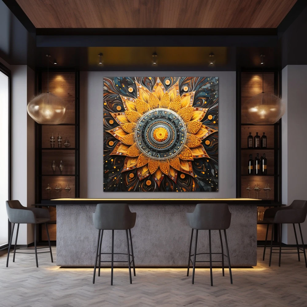 Cuadro espiritualidad en espiral en formato cuadrado con colores amarillo, gris, naranja; decorando pared de bar