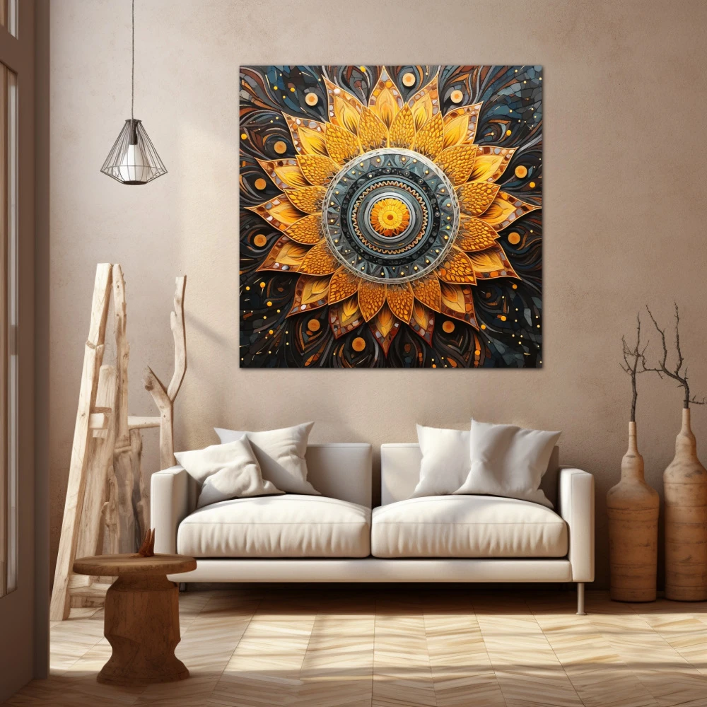 Cuadro espiritualidad en espiral en formato cuadrado con colores amarillo, gris, naranja; decorando pared beige